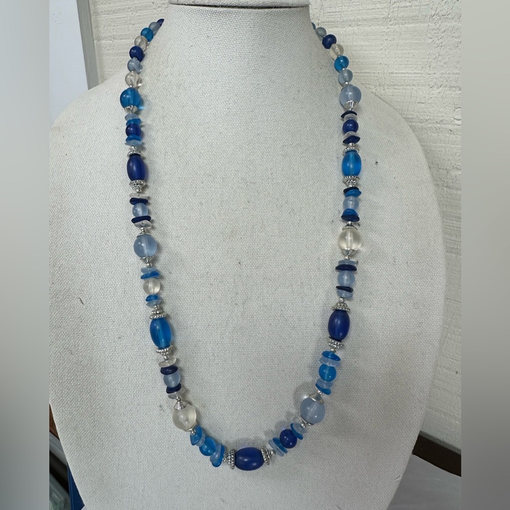 Long frosted blue bead silvertone necklace
